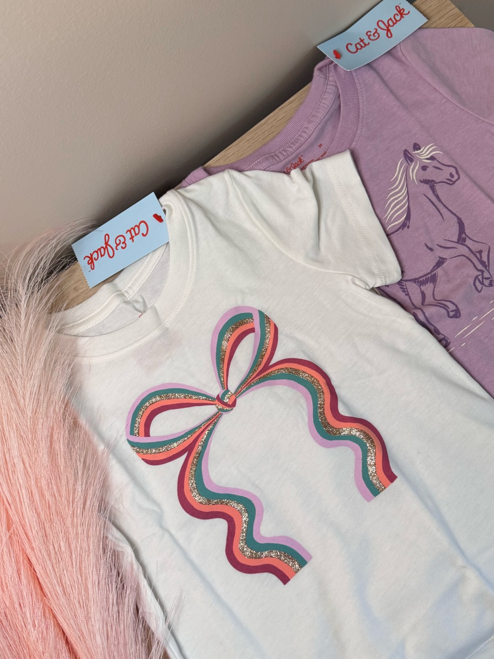 Girls Cat & Jack Purple Horse & Rainbow Bow Graphic Tees Tshirt Bundle